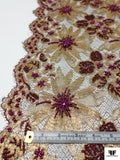 French Floral Metallic Lace with Beads and Pearls - Gold / Purple