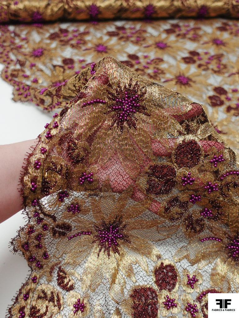 French Floral Metallic Lace with Beads and Pearls - Gold/Purple ...