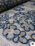 French Floral Shimmer Lace with Metallic Cording - Electric Blue / Gold