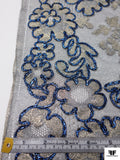 French Floral Shimmer Lace with Metallic Cording - Electric Blue / Gold