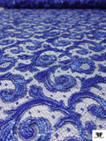 French Paisley Floral Corded Lace with Metallic Detailing - Persian Blue