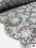 French Floral Metallic Lace with Cording - Grey / Silver / Rose Mauve