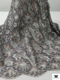 French Floral Metallic Lace with Cording - Grey / Silver / Rose Mauve