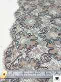 French Floral Metallic Lace with Cording - Grey / Silver / Rose Mauve