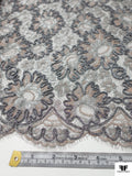 French Floral Metallic Lace with Cording - Grey / Silver / Rose Mauve