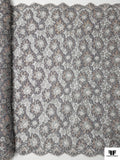 French Floral Metallic Lace with Cording - Grey / Silver / Rose Mauve