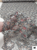 French Floral Metallic Lace with Cording - Grey / Silver / Rose Mauve