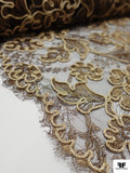 French Floral Metallic Lace with Cording - Light Gold / Brown