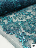 French Floral Shimmer Lace with Metallic Cording - Metallic Turquoise / Black