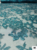 French Floral Shimmer Lace with Metallic Cording - Metallic Turquoise / Black