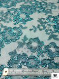 French Floral Shimmer Lace with Metallic Cording - Metallic Turquoise / Black