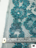 French Floral Shimmer Lace with Metallic Cording - Metallic Turquoise / Black