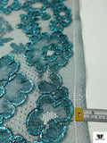 French Floral Shimmer Lace with Metallic Cording - Metallic Turquoise / Black