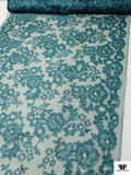 French Floral Shimmer Lace with Metallic Cording - Metallic Turquoise / Black