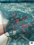 French Floral Shimmer Lace with Metallic Cording - Metallic Turquoise / Black