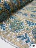 French Regal Metallic Lace with Beads and Pearls - Dusty Blue / Gold