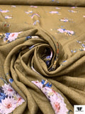 Italian Floral Printed Cotton Double Gauze - Light Khaki Olive / Pinks / Purples