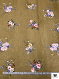 Italian Floral Printed Cotton Double Gauze - Light Khaki Olive / Pinks / Purples