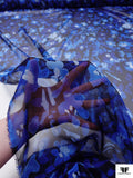 Italian Watercolor Floral Printed Fine Polyester Chiffon - Blue / Navy / White