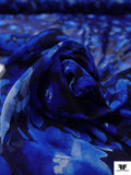 Italian Watercolor Floral Printed Fine Polyester Chiffon - Blue / Navy / White