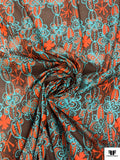 Stencil Floral Printed Cotton Voile - Dusty Turquoise / Hot Orange / Cherry Brown