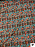 Stencil Floral Printed Cotton Voile - Dusty Turquoise / Hot Orange / Cherry Brown