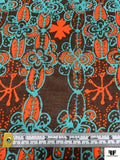 Stencil Floral Printed Cotton Voile - Dusty Turquoise / Hot Orange / Cherry Brown