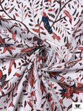 Leaf Branches and Birds Printed Cotton Lawn - Red / Maroon / Navy / White