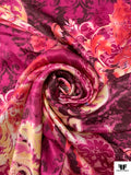 Ornate Floral Printed Silk Charmeuse - Boysenberry / Muted Yellow / Raspberry