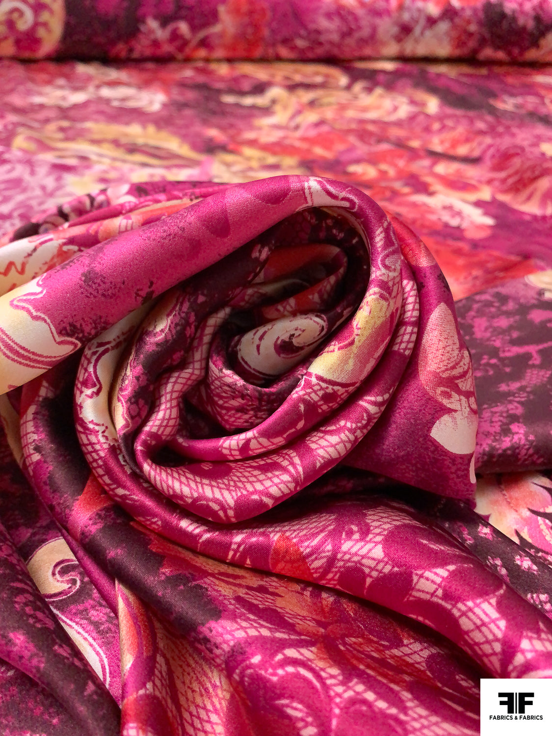 Eliza Raspberry Fabric Ornate Floral Printed Silk Charmeuse - Boysenberry/Muted Yellow ...