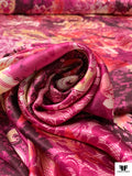 Ornate Floral Printed Silk Charmeuse - Boysenberry / Muted Yellow / Raspberry