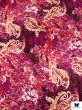 Ornate Floral Printed Silk Charmeuse - Boysenberry / Muted Yellow / Raspberry