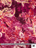 Ornate Floral Printed Silk Charmeuse - Boysenberry / Muted Yellow / Raspberry