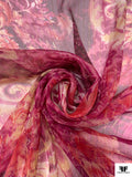 Ornate Floral Printed Silk Chiffon with Lurex Stripes - Purple / Magenta / Pale Yellow / Gold