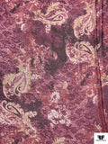 Ornate Floral Printed Silk Chiffon with Lurex Stripes - Purple / Magenta / Pale Yellow / Gold