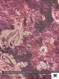 Ornate Floral Printed Silk Chiffon with Lurex Stripes - Purple / Magenta / Pale Yellow / Gold