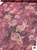 Ornate Floral Printed Silk Chiffon with Lurex Stripes - Purple / Magenta / Pale Yellow / Gold