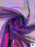 Circle Discs Printed Silk Chiffon with Lurex Stripes - Purple / Magenta / Periwinkle / Black / Gold