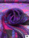 Circle Discs Printed Silk Chiffon with Lurex Stripes - Purple / Magenta / Periwinkle / Black / Gold