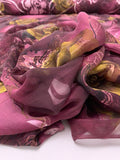 Floral Printed Burnout Silk Blend Chiffon - Plum Purple / Dusty Chartreuse