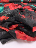 Floral Printed Burnout Silk Blend Chiffon - Strawberry Red / Black / Jade Green