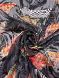 Geometric Pyramids Printed Silk-Rayon Burnout Chiffon with Stones - Black / Red / Green / Yellow / White