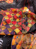 Geometric Pyramids Printed Silk-Rayon Burnout Chiffon with Stones - Dark Brown / Black / White / Orange / Purple