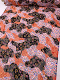 Floral Circles Blotch Collage Printed Silk-Rayon Burnout Chiffon with Stones - Orange / Black / Blues / White / Pink / Yellow