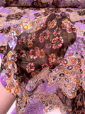 Floral Circles Blotch Collage Printed Silk-Rayon Burnout Chiffon with Stones - Violet / Brown / Pinks / Orange / White