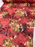 Floral Printed Silk-Rayon Burnout Chiffon with Stones - Red / Burgundy / Yellow / Light Olive