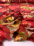 Floral Printed Silk-Rayon Burnout Chiffon with Stones - Red / Burgundy / Yellow / Light Olive