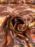 Floral Paisley Collage Printed Silk-Rayon Burnout Chiffon with Stones - Brown / Copper / Marigold / Raspberry