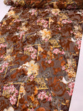 Floral Paisley Collage Printed Silk-Rayon Burnout Chiffon with Stones - Brown / Copper / Marigold / Raspberry