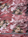 Floral and Striations Printed Silk-Rayon Burnout Chiffon with Stones - Cranberry / Black / Green / Yellow